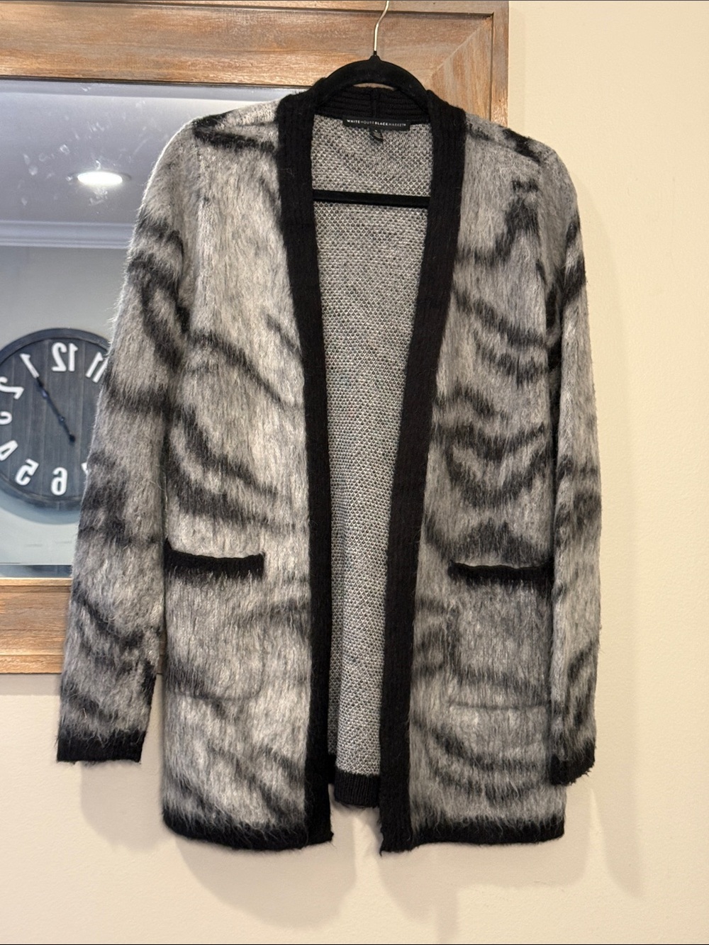 White House Black Market Gray and Black Faux-Fur Open Cardigan